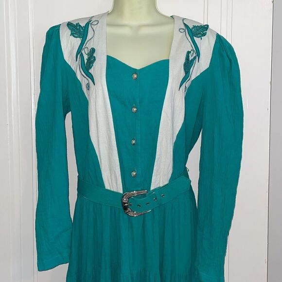 Vtg 80s/90s Lillia Smitty turquoise crinkle cloth layered skirt western dress - Picture 4 of 9